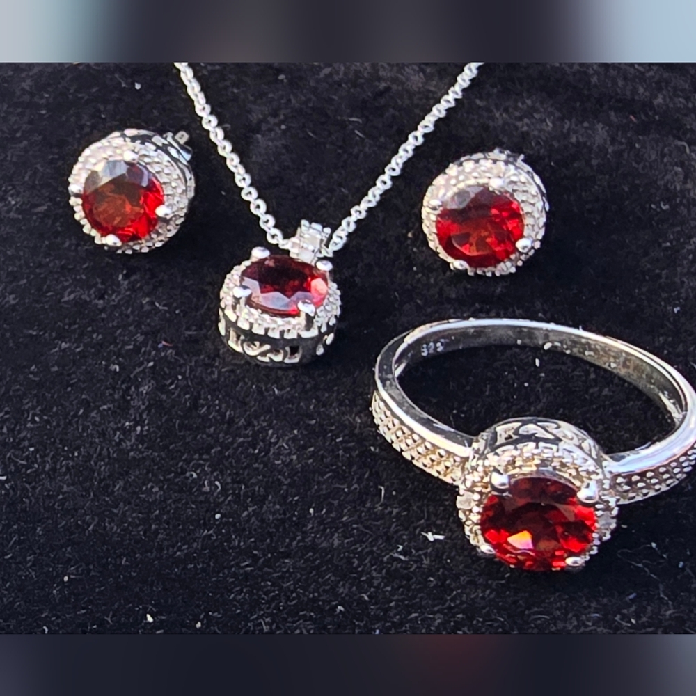 Garnet Pave Halo Sterling 925 Silver Set - Necklace, Earring Studs & Ring